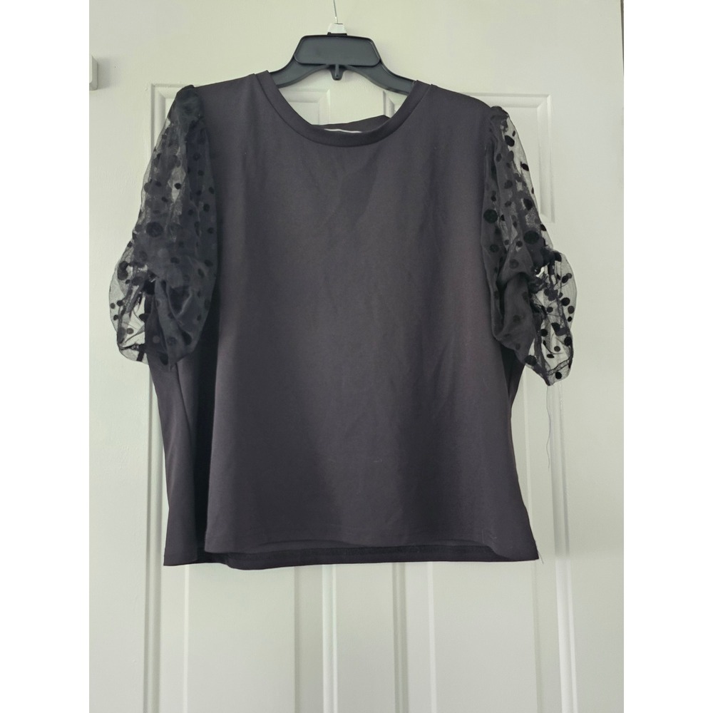 Love University Top Womens 3XL Black Excellent Mesh‎ Polka Dot Puff Sleeve